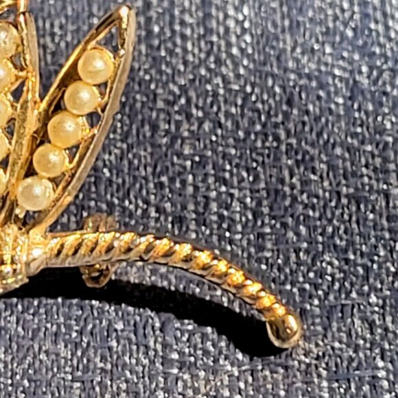 Gold-Tone Dragonfly Brooch With Faux Pearls & Multi-Color Rhinestones Elegant Je - Picture 4 of 8
